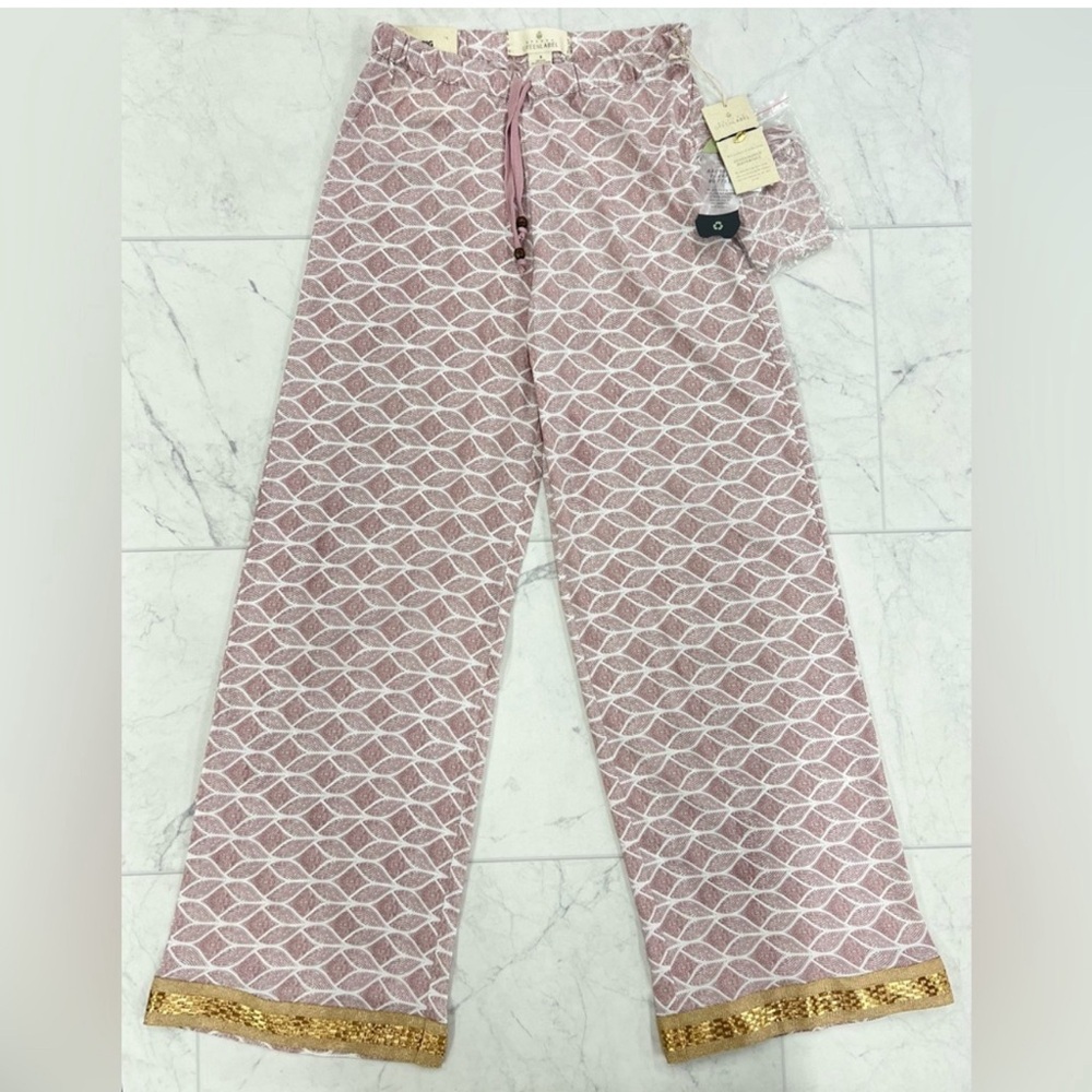 Quagga Green Label Vinyasa Lounge Pants in Mauve/White/Gold Trim NWT